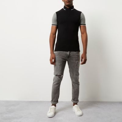Black and grey muscle fit polo shirt